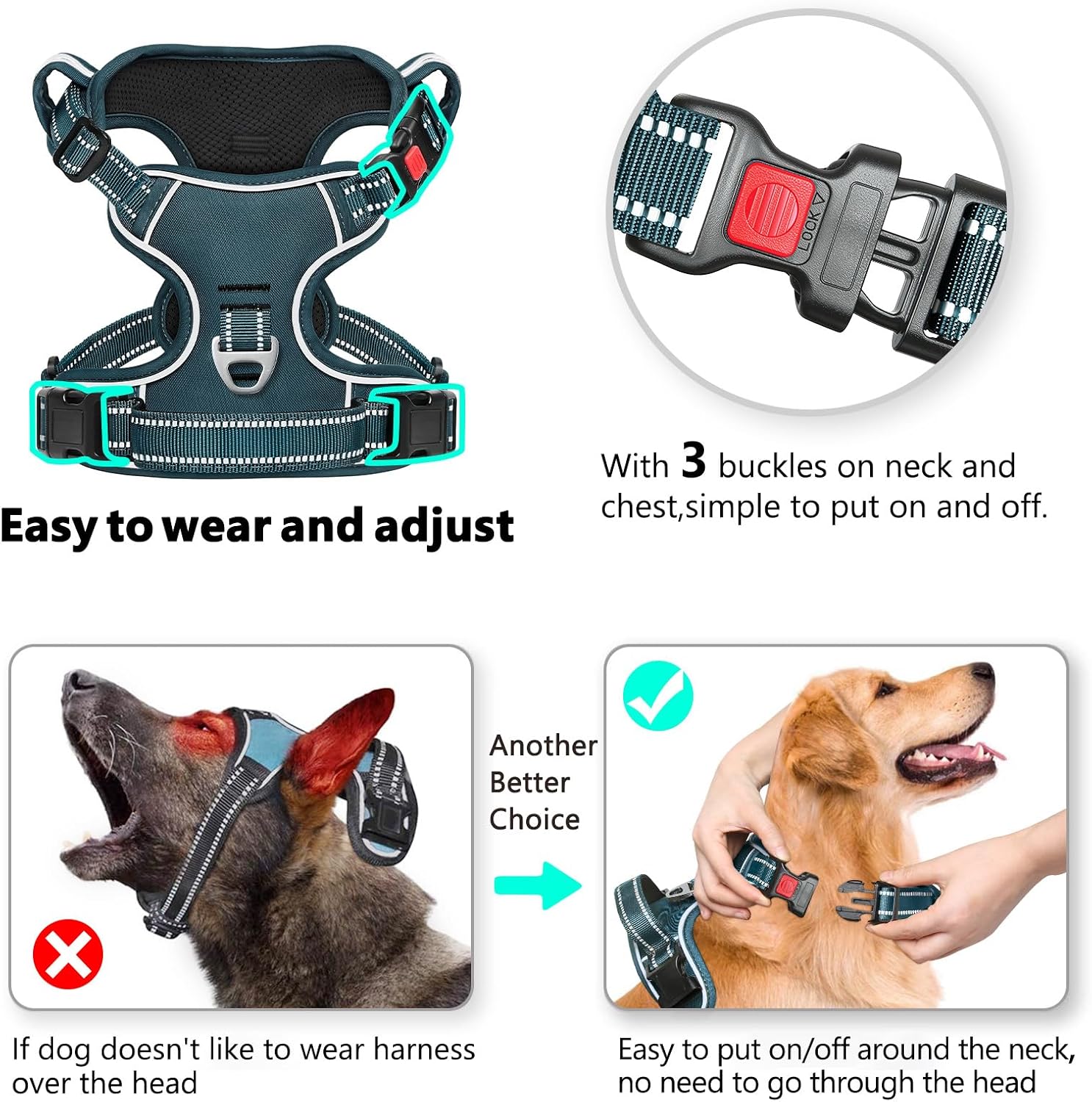 HEELE Dog Harness, Chest Harness for Dogs, Running Harnesses Dog with Lockable Snap Closure, Adjustable Reflective Dog Harnesses, Anti Pull, Open on Neck, Dark Green, S S Chest circumference: 35-61 cm Castle Dark Green