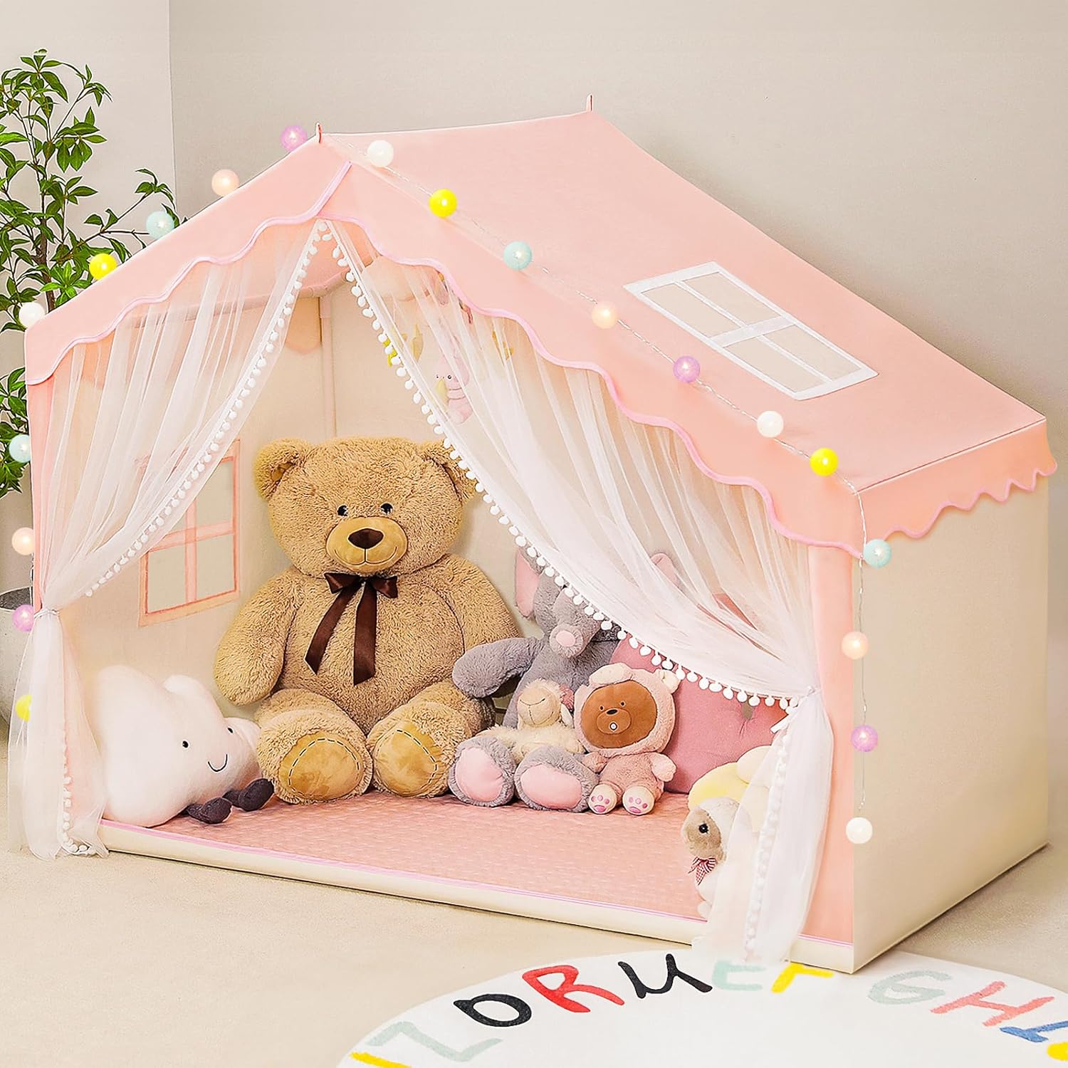 Kids Tent Indoor with Mat and Ball Lights - Play Tent for Kids Ages 4-8, Toddler Playhouse for Girls, 57" x 35" x 47" (Pink)