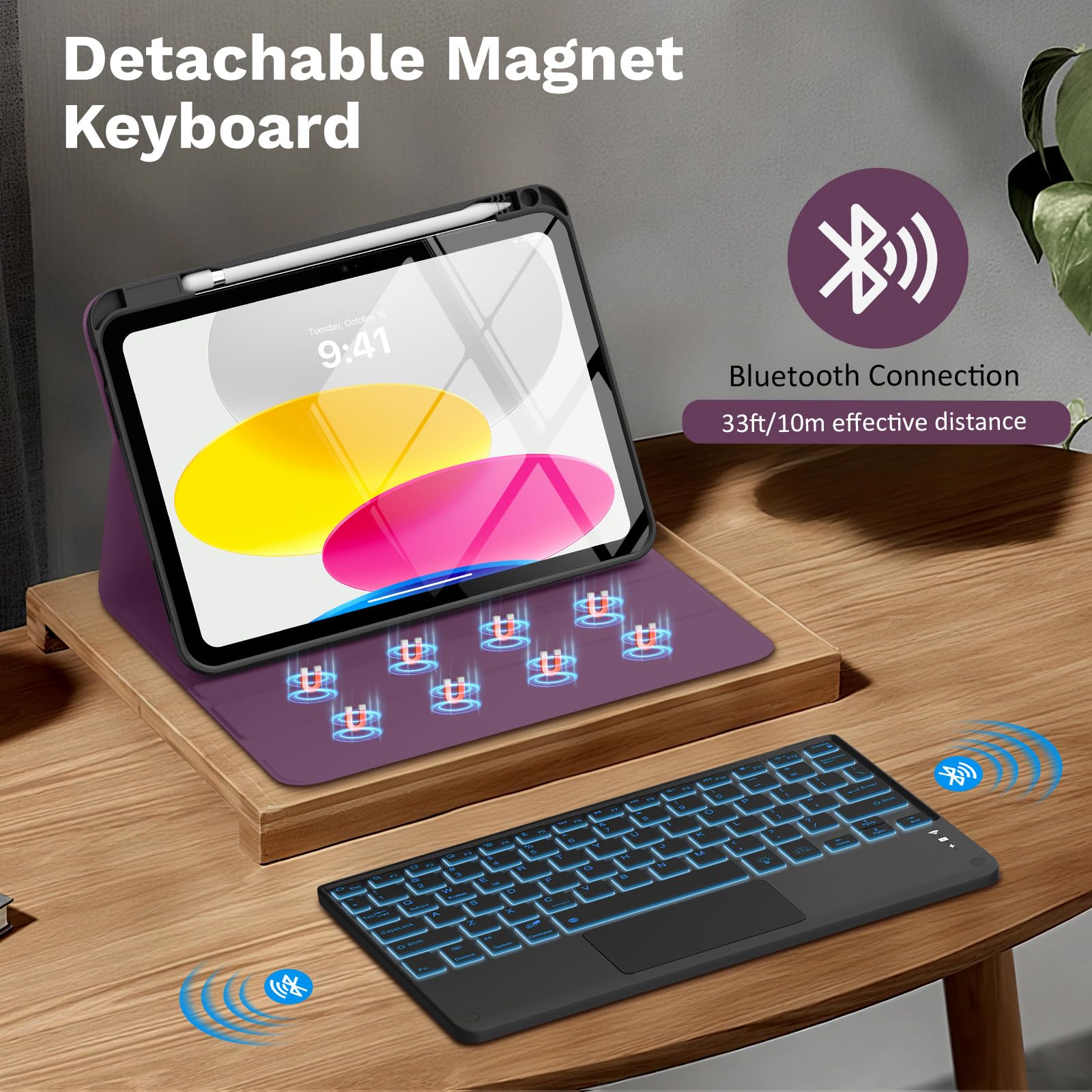 MoKo Touch Keyboard Case for iPad (A16) 11th/10th Gen,Viola | 7 Colors Backlit, Multi-TrackPad, with Pencil Holder, Auto Wake/Sleep, Compatible with iPad 11 inch 2025, iPad 10.9 inch 2020