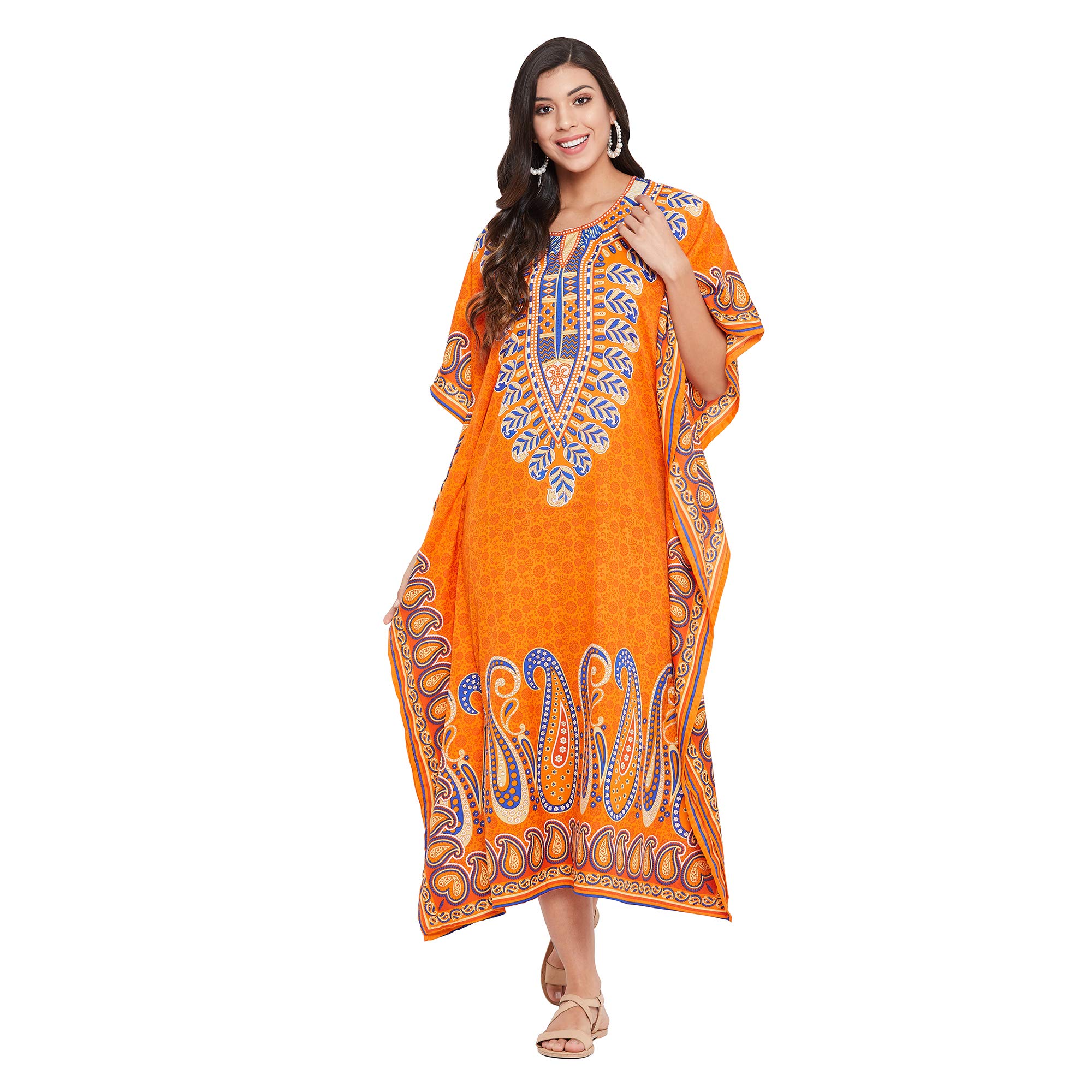 Women Polyester Casual Kaftan Long Plus Size Summer Beach Caftan Cover Ups Maxi Dresse for Ladies Boho Lounge Outfit