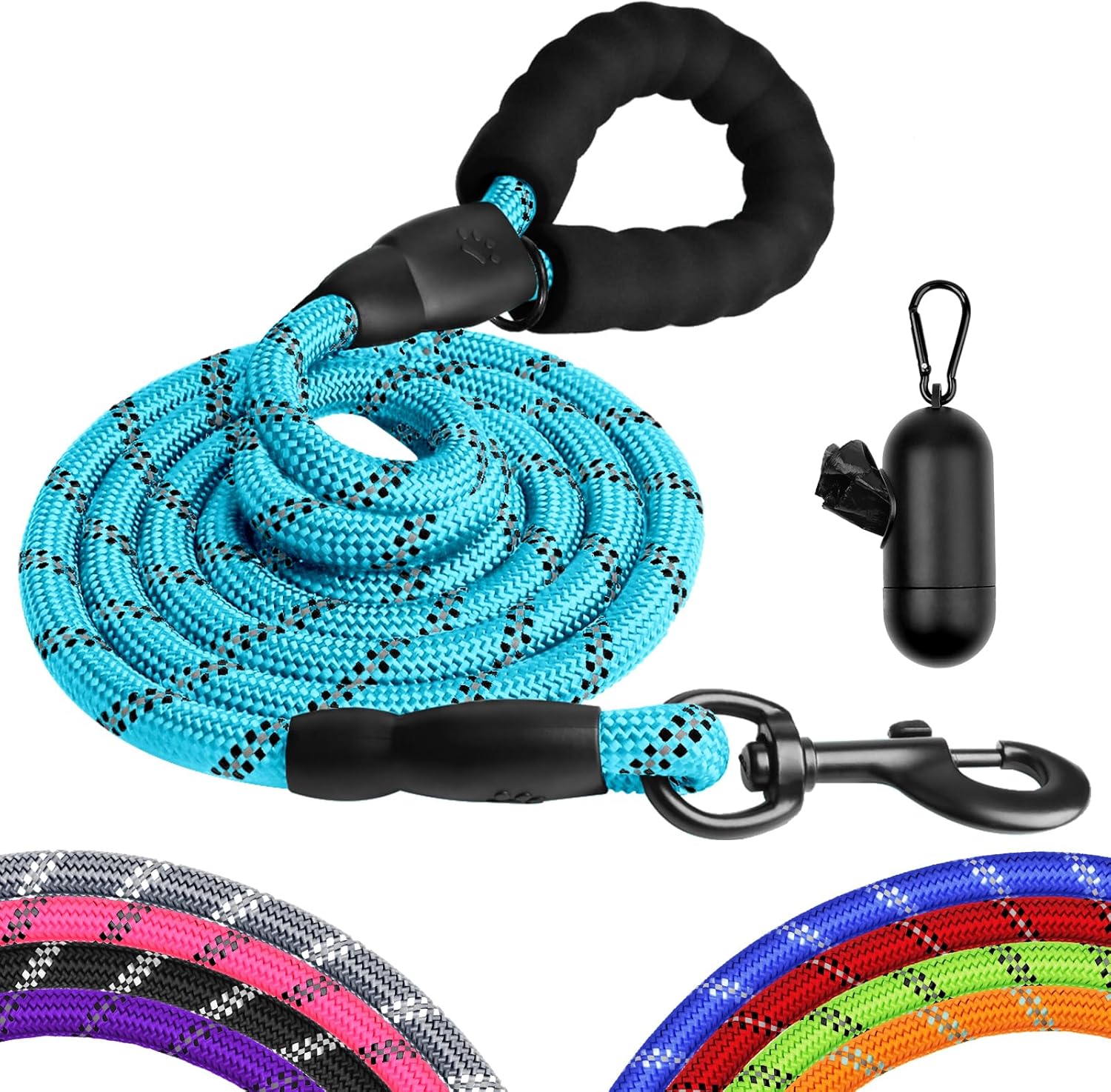 Heavy Duty Dog Leash for Large Medium Small Breed Dogs, Reflective Rope Dog leashes with Comfortable Handle,4/5/6 FT Pet Puppy Leash for Night Walking with Poop Bag Holder,Sky Blue,1/2 inch