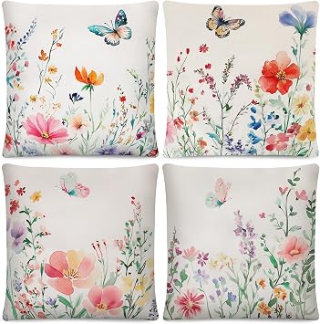 Set of 4 Spring Floral Throw Pillow Covers 18x18 Inches,Soft Linen Cushion Cases with Wildflowers Plants and Butterfly Garden Design for Couch Sofa Patio and Outdoor Decor