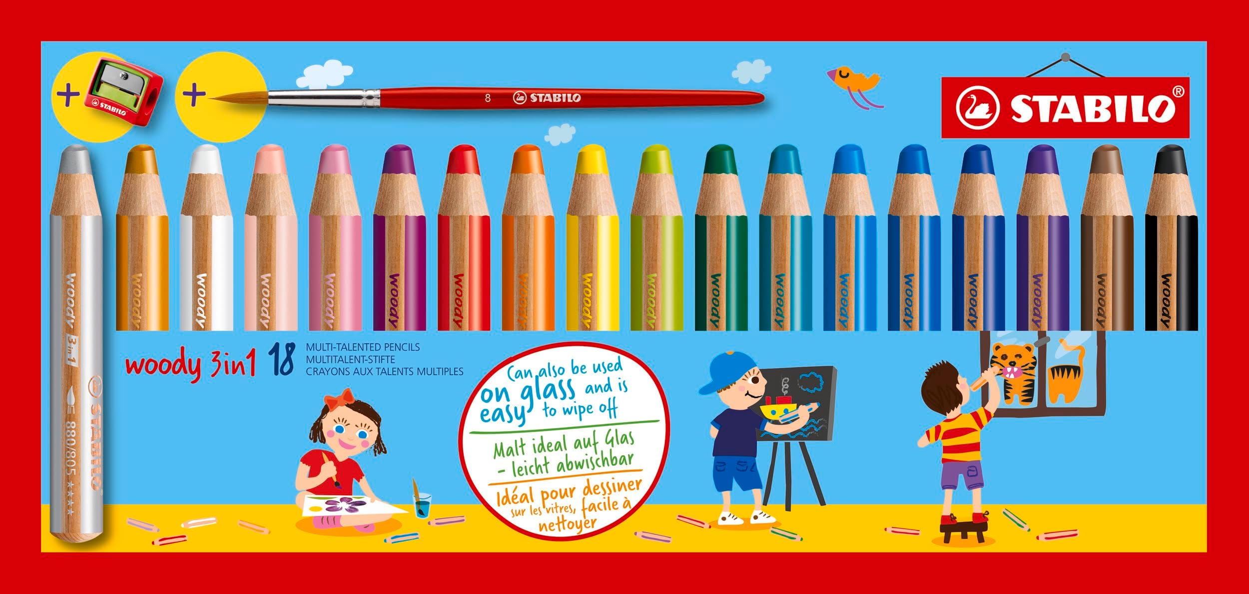 Multi-Talented Pencil woody 3 in 1 - Pack of 18 - Assorted Colors with Sharpener and Paint Brush
