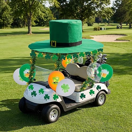 Miniatura 4 de 19 Pcs St. Patrick's Day Parade Car Decoration Kit Including Giant Hat Shamrock Hanging Banner Green Tinsel Garland Balloons, Irish Golf Cart Float