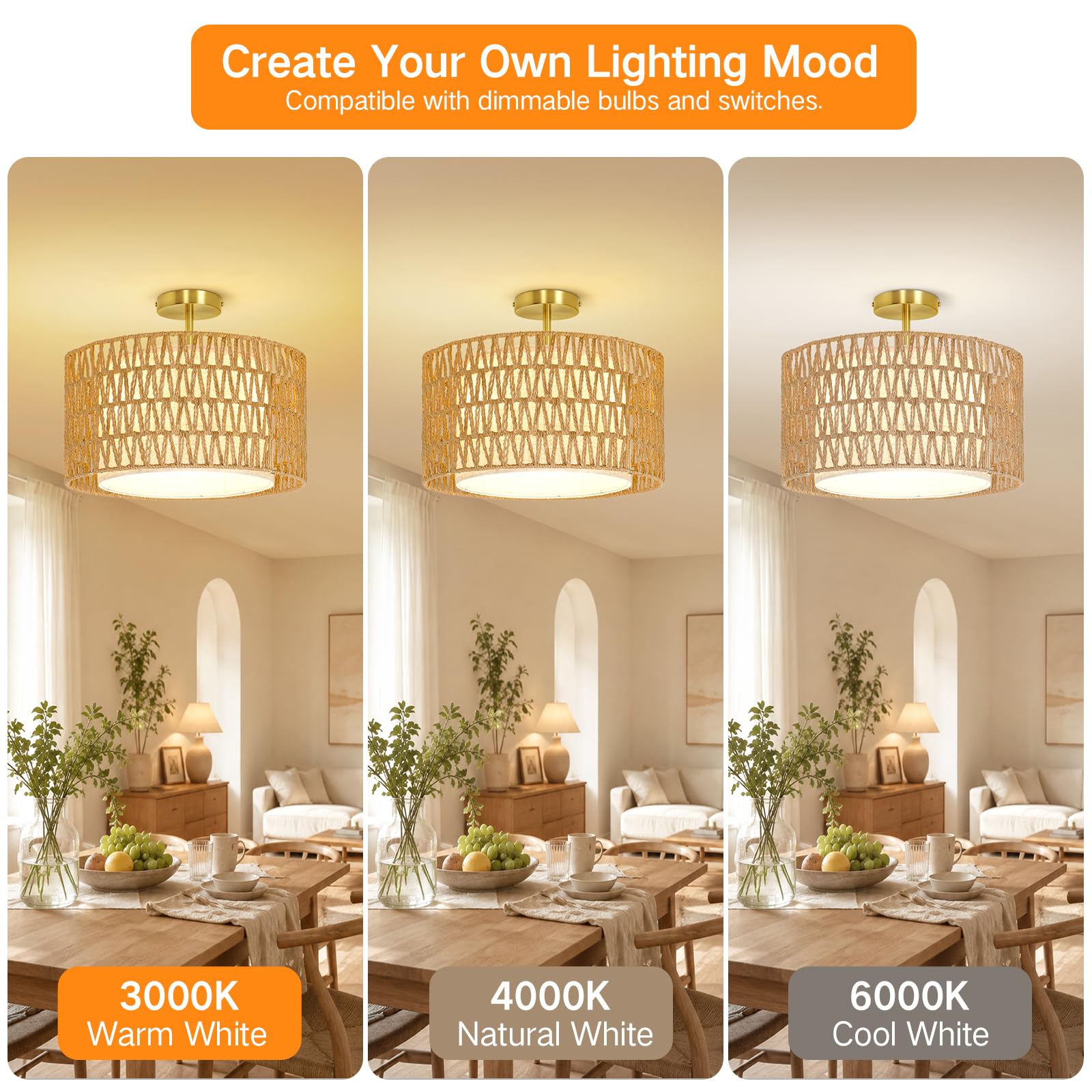 OUTON Plafoniera Boho in Rattan, 3 Luci, Ø43 cm, Dorata | Rattan naturale e paralume interno in tessuto, per soggiorno, camera, cucina e sala da pranzo, 3 x E27, lampadine escluse