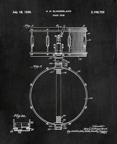 Miniatura 9 de Juego de 6 impresiones artísticas de pizarra con patentes de tambores (8 x 10), regalos para un baterista, póster de percusionista, decoración de
