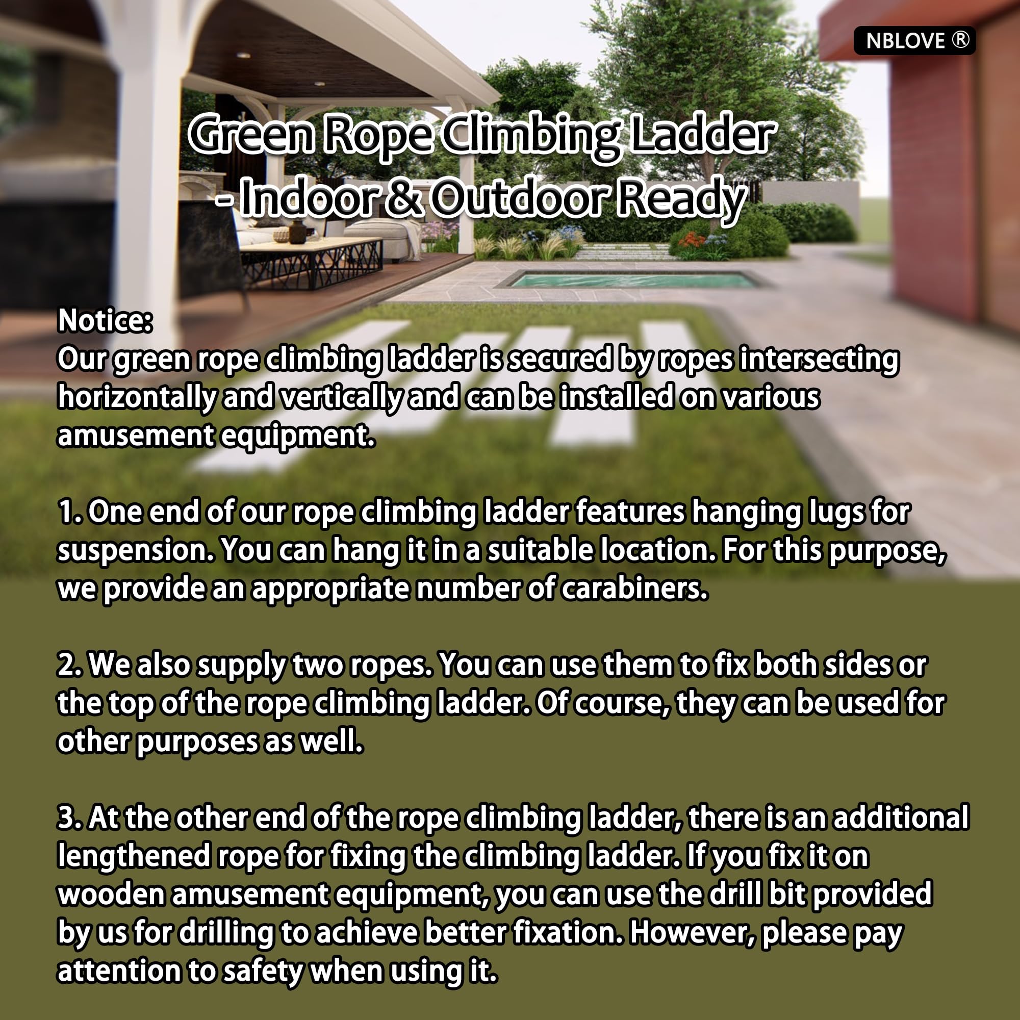 Green Rope Climbing Ladder - Indoor Climbing Net, Outdoor Cargo Webbing Net, 100% Polyester Fiber Rope Ladder, with Installation Drill Bit and Binding Rope. (Set1: 4V * 8H (73