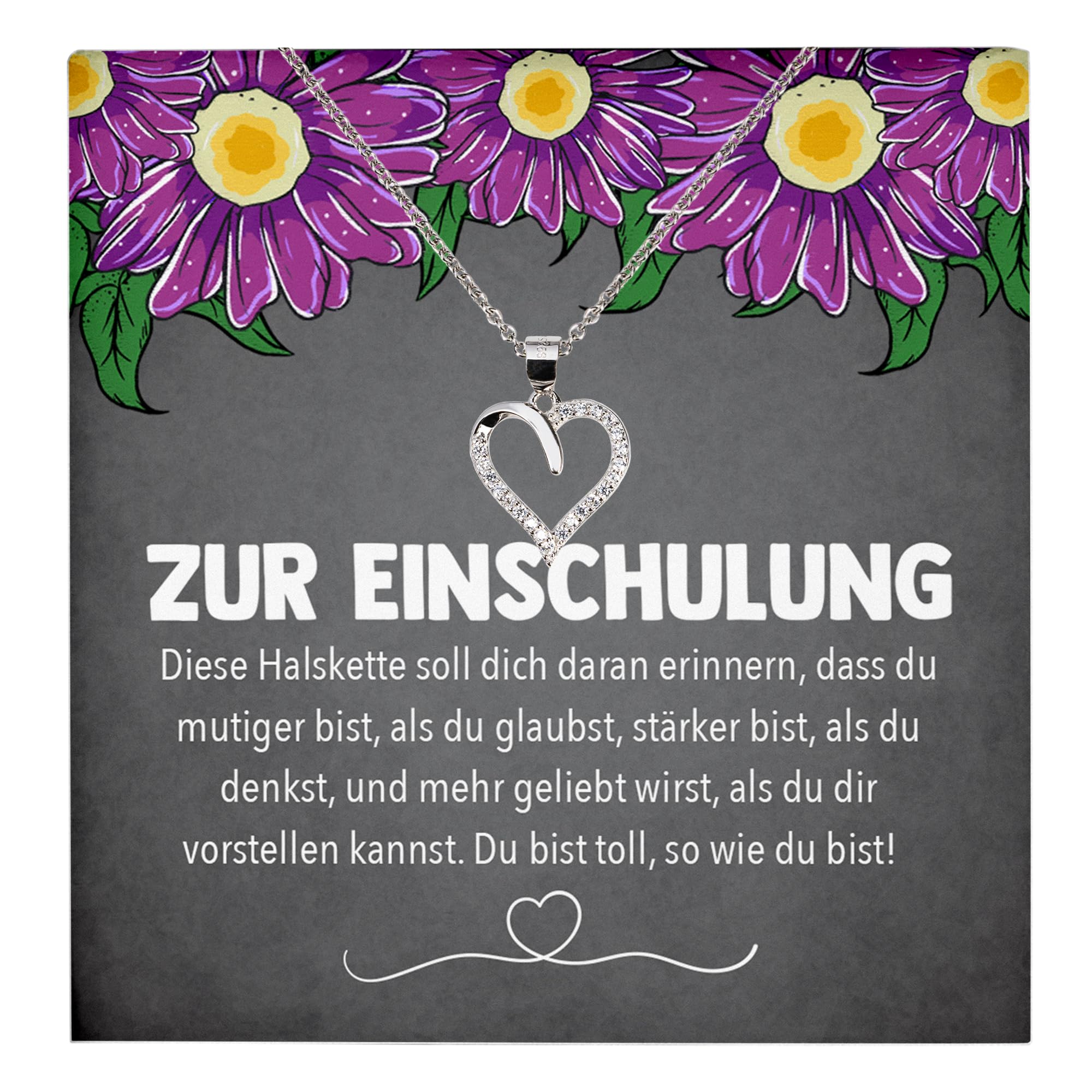 Einschulung Geschenk Mädchen Schmuck zum Schulanfang, 1. Klasse Glückwunsch Erstklässler, Idee für Patenkind Tochter Enkelin von Oma Opa Mama Papa - Echt Silber 925 Herz Halskette mit Karte