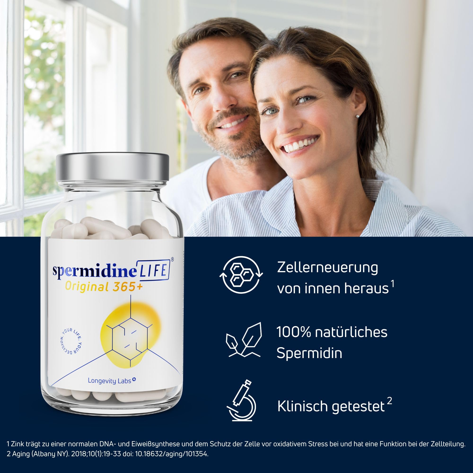 spermidineLIFE Originale 365+ 2 mg di spermidina da CelVio Estratto di germe di grano con zinco e vitamina B1 – Capsule vegane per il supporto quotidiano del rinnovamento cellulare e dell'autofagia