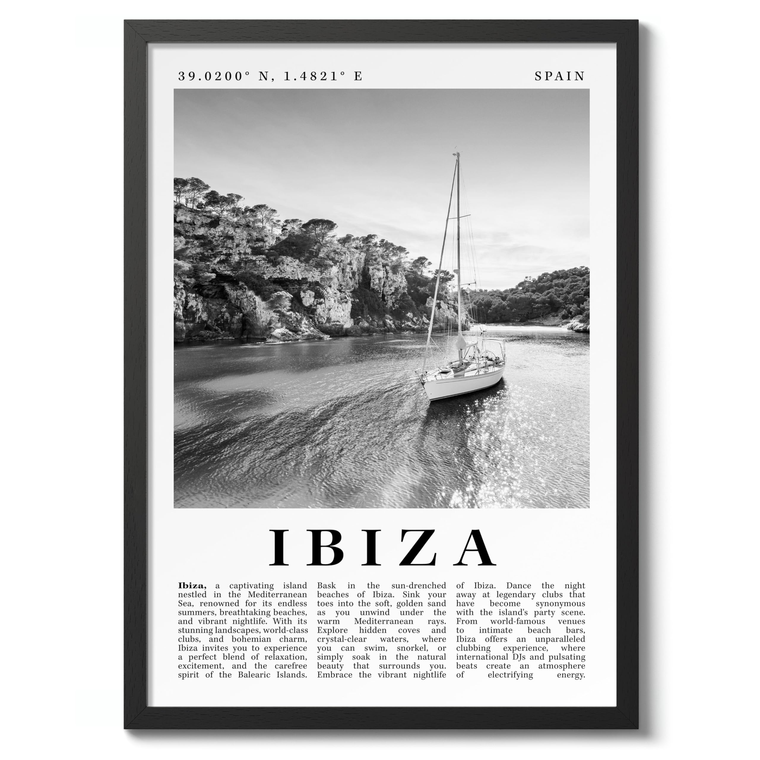 Ibiza - Spain Travel Poster, Black & White Print, City Landmark. Modern Home Wall Decor For Living Room Bedroom, Archival Matte, A5 (Black Frame) - 21x14.8cm