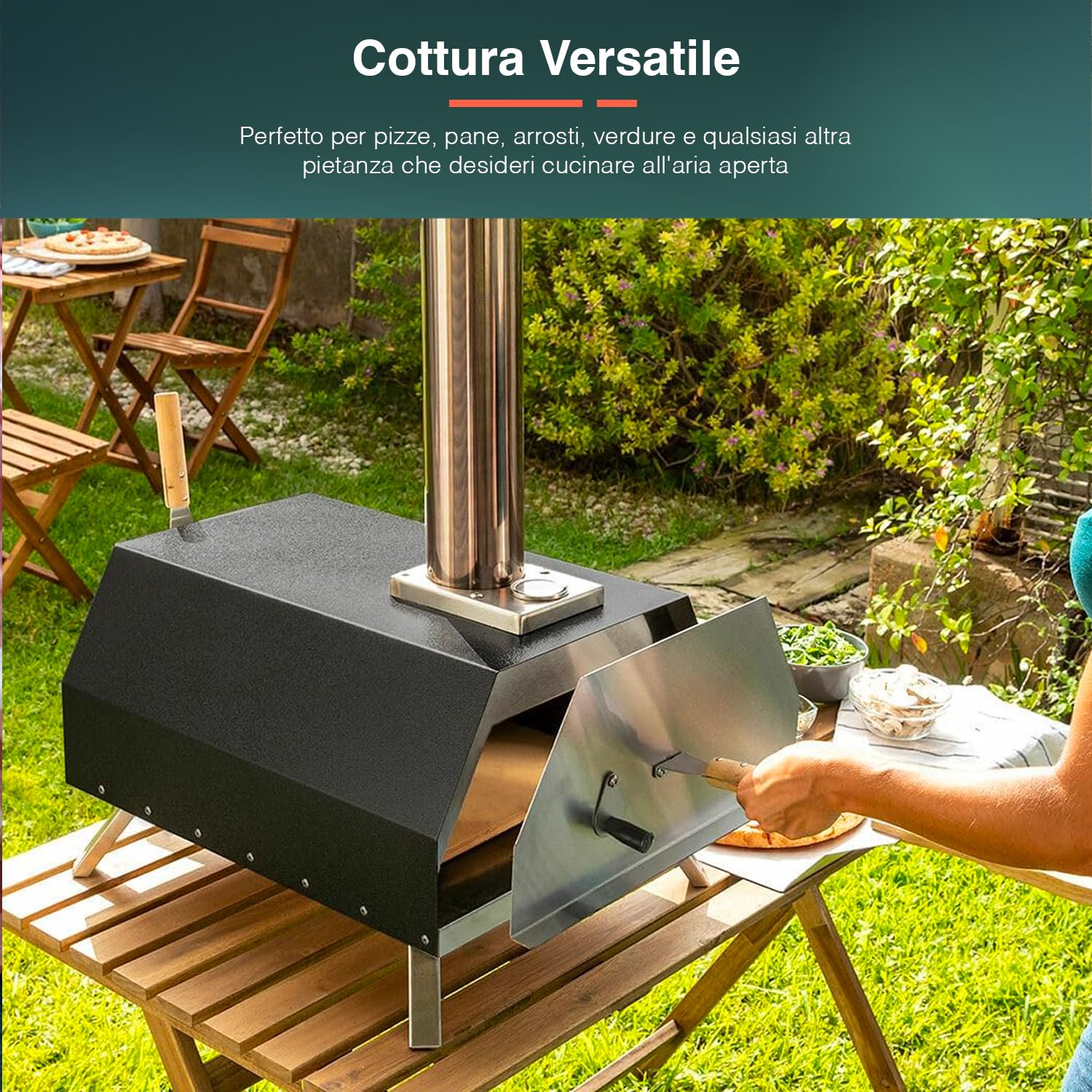 Avilia Forno a Pellet per Pizza - Forno per Esterni con Canna Fumaria, Termometro, Pietra Ceramica, Pala e Gambe Pieghevoli, Ideale per Giardini e Terrazze, in Pietra e Acciaio, 42x81x80cm