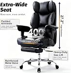 Efomao Executive Office Chair, Black Big and Tall Desk Chair | Mattress-grade pocket spring cushion, sleek leather, 135° recline & footrest for computer gaming setup.