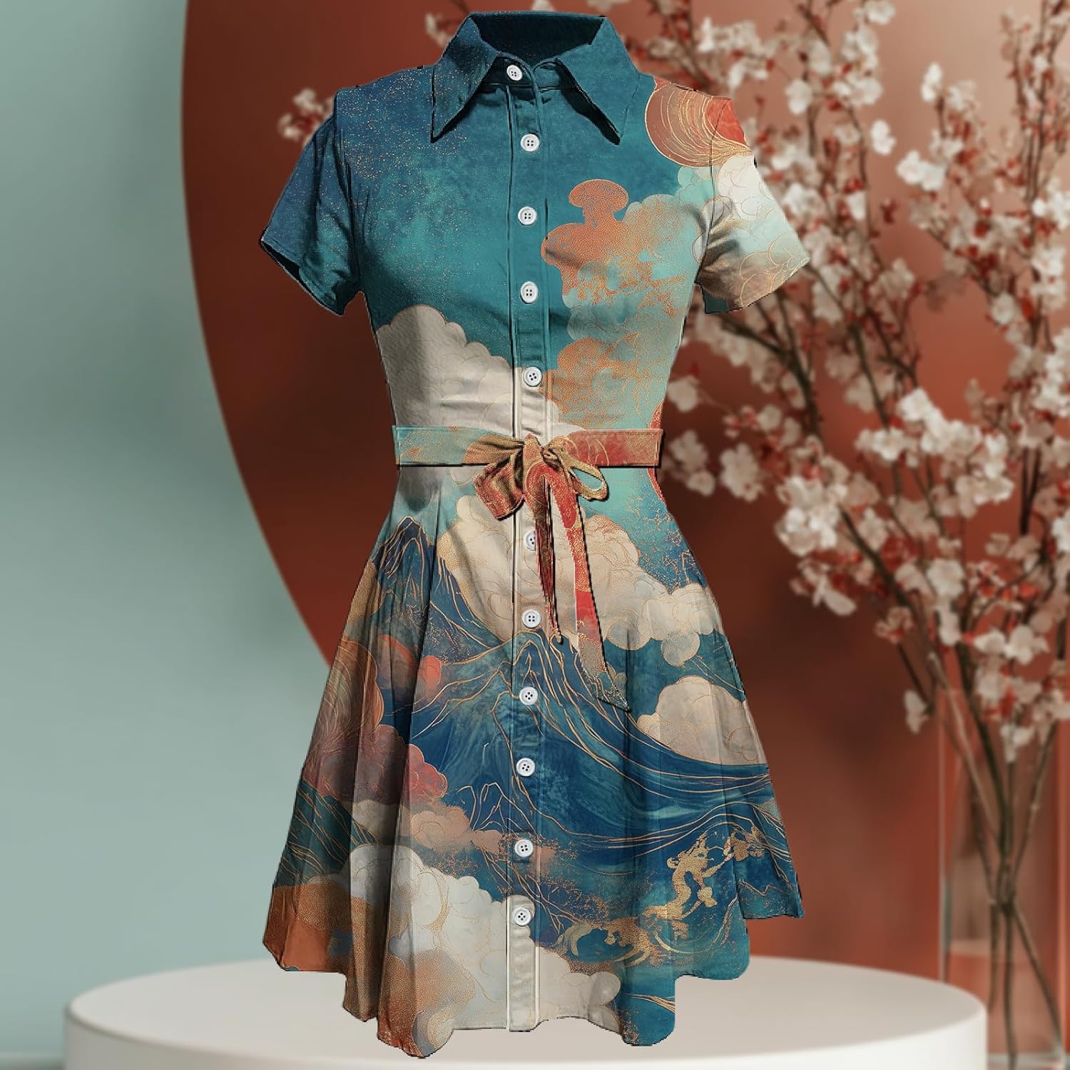 MARSVOVO Japanese Art Shirt Dresses for Women Short Sleeve Ruffle Button Down Tie Waist Trendy Elegant Midi Dress - Image 2