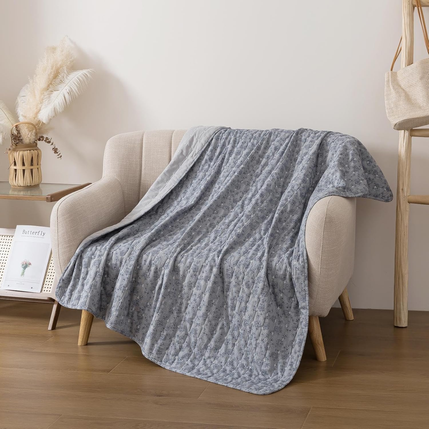 Soul & Lane Blue Whisper Diamond Cotton Quilted Throw Blanket - 50" x 60", Modern Gray Decorative Throw for Couch and Bed, Lightweight Contemporary Diamond Pattern Lap Quilt - Image 5