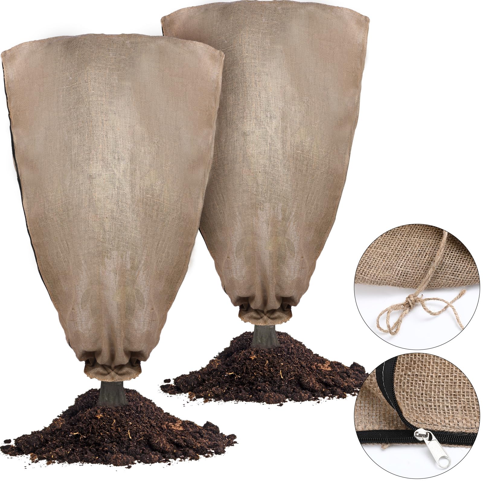 Berlune 2 Pcs Oversized Reusable Warm Burlap Winter Plant Cover Bags with Drawstring Large Burlap Plant Frost Cloth Cold Freeze Blanket Protecting Fruit Tree Potted Plants (47 x 72'')