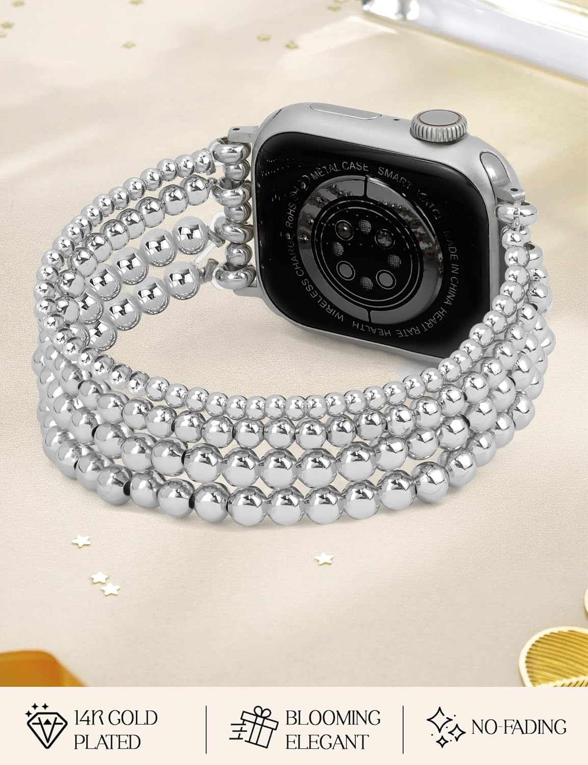 JR.DM Silver Beaded Bracelet Bands Women Compatible with Apple Watch 40mm 42mm(S10/11) 41mm 38mm Dressy Fancy Stretchy Elastic Jewelry Strap Replacement for iWatch Series 11/10/9/8/7/6/5/4/3/2/1/SE