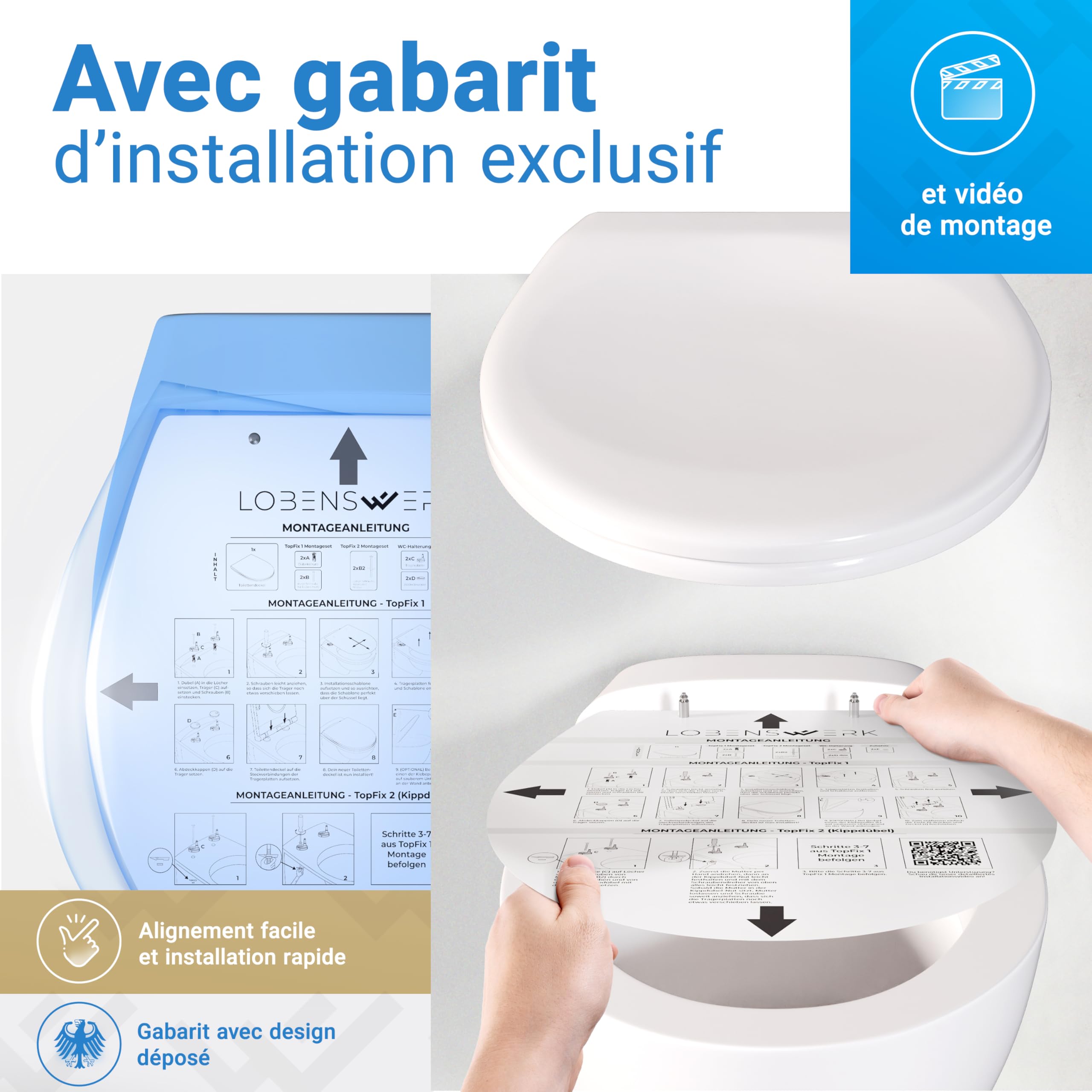 LOBENSWERK Abattant WC avec frein de chute [Montage facile] duroplast antibactérien UV résistant | Lunette de toilette clipsable universelle | Cuvette toilette ovale incl. gabarit d’installation