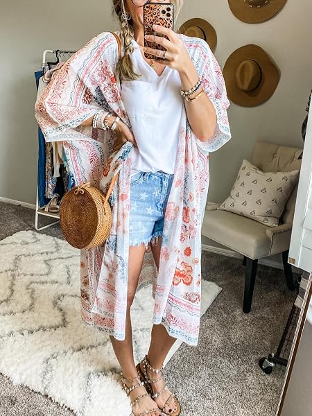 MayBuy Women's Summer Long Flowy Kimono Cardigans Boho Chiffon Floral Beach Cover Up Tops - 3