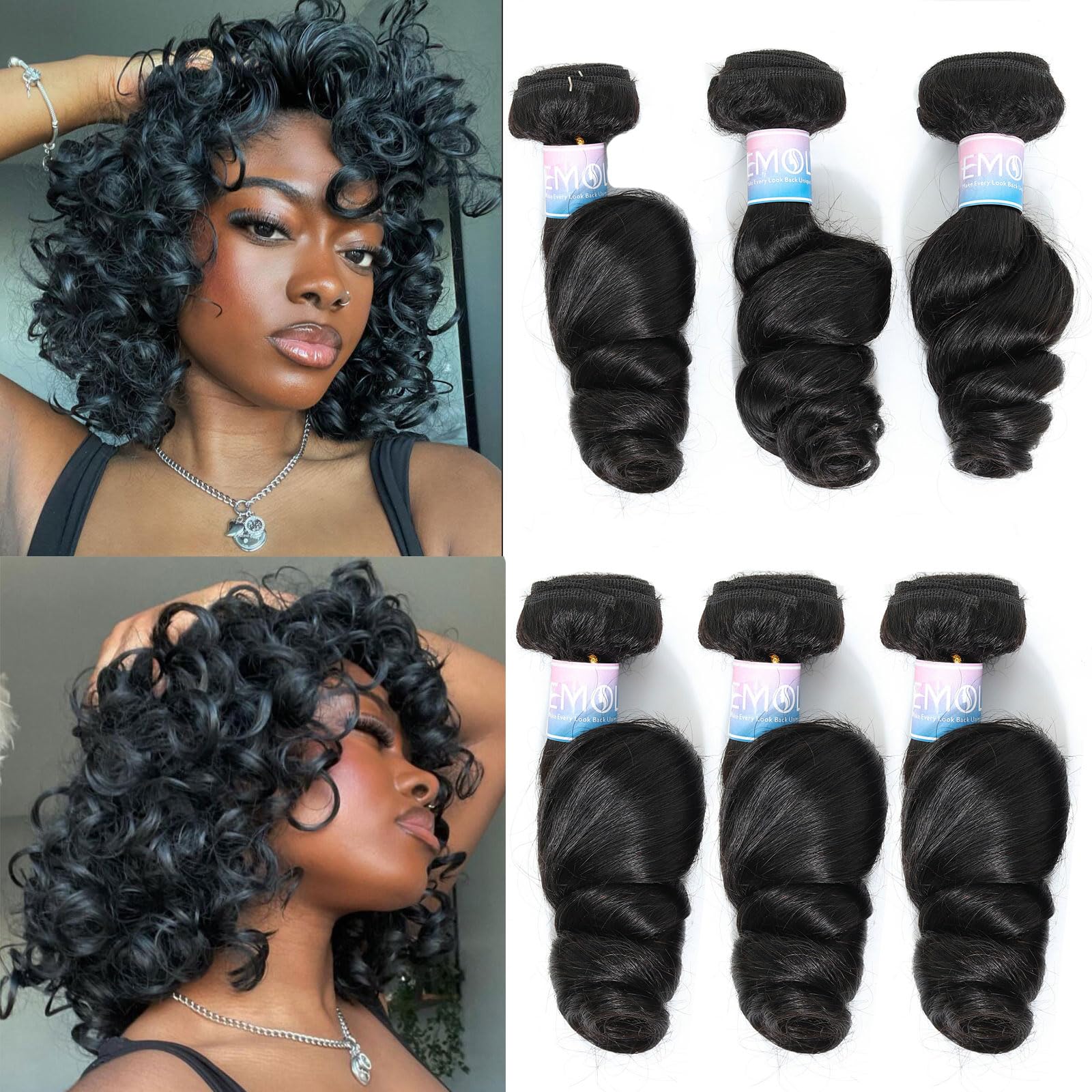 EMOL Loose Wave Bundles Human Hair Weave 3 Bundles Virgin Brazilian Loose Wavy Human Hair Weft Big Loose Spiral Wand Curls Short Hair Bundles Natural