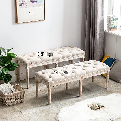 Miniatura 19 de Banco de entrada tapizado de tela, banco de piano copetudo para 2 personas, patas de madera de goma con hermoso patrón tallado para dormitorio, sala