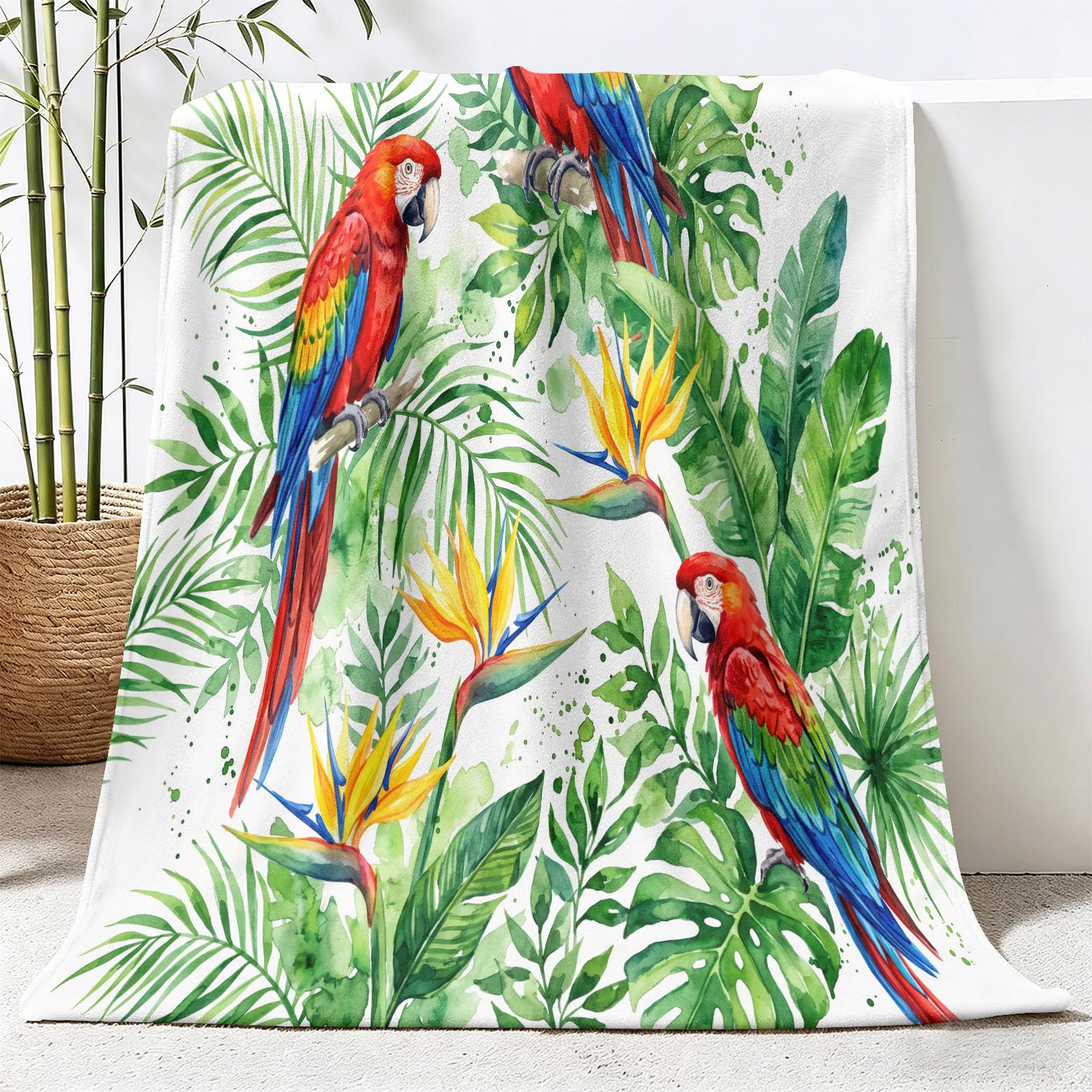 Manta de franela, manta de franela natural, mullida, suave y cálida, manta de forro polar, diseño de loro con hojas verdes, manta de sofá para adolescentes y adultos, 150 x 200 cm