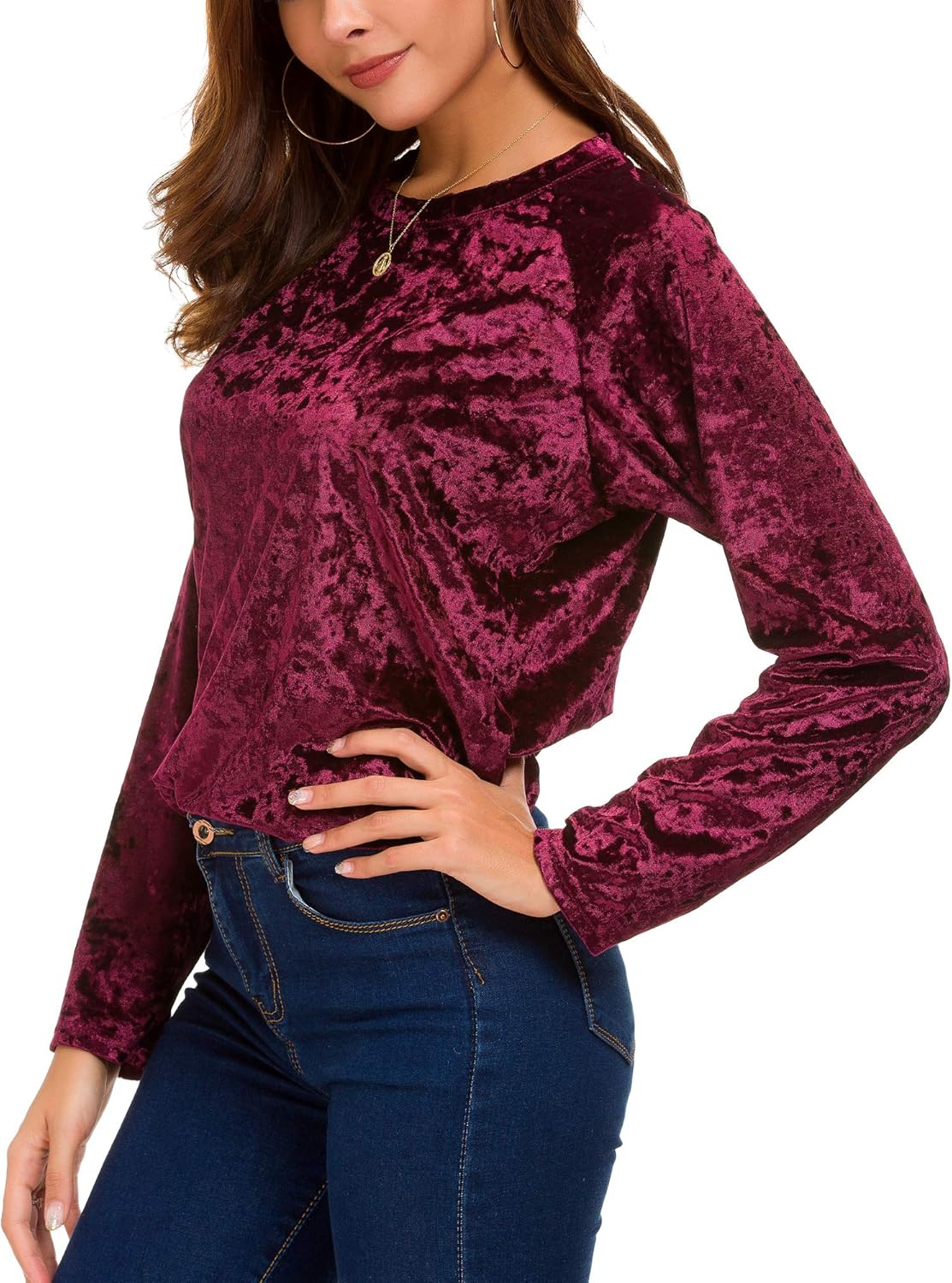 Urban CoCo Women's Vintage Velvet T-Shirt Casual Long Sleeve Top - Image 5