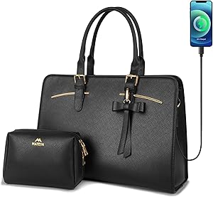 Laptop Tote Bag for Women, Large Waterproof PU Leather Work Briefcase with USB Charging Port Casual Computer Shoulder Bag Messenger fits 15.6 Inch, Business Handbag Satchel Purse 2pcs Set, Black