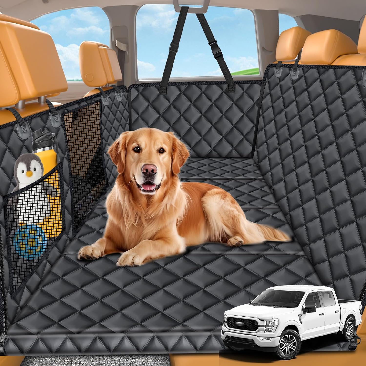 urpower xl backseat extender for dogs - hard bottom dog car seat cover for back seat, dog car hammock dogs travel bed for full size crew cab truck, pet rear seat protector for f150/ ram1500/ silverado all black for full size crew cab trucks
