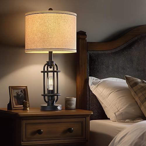 Miniatura 5 de Lámparas de mesa industriales de metal negro de 23.75 pulgadas, lámpara de sala de estar para mesita de noche, lámpara de dormitorio, lámparas de