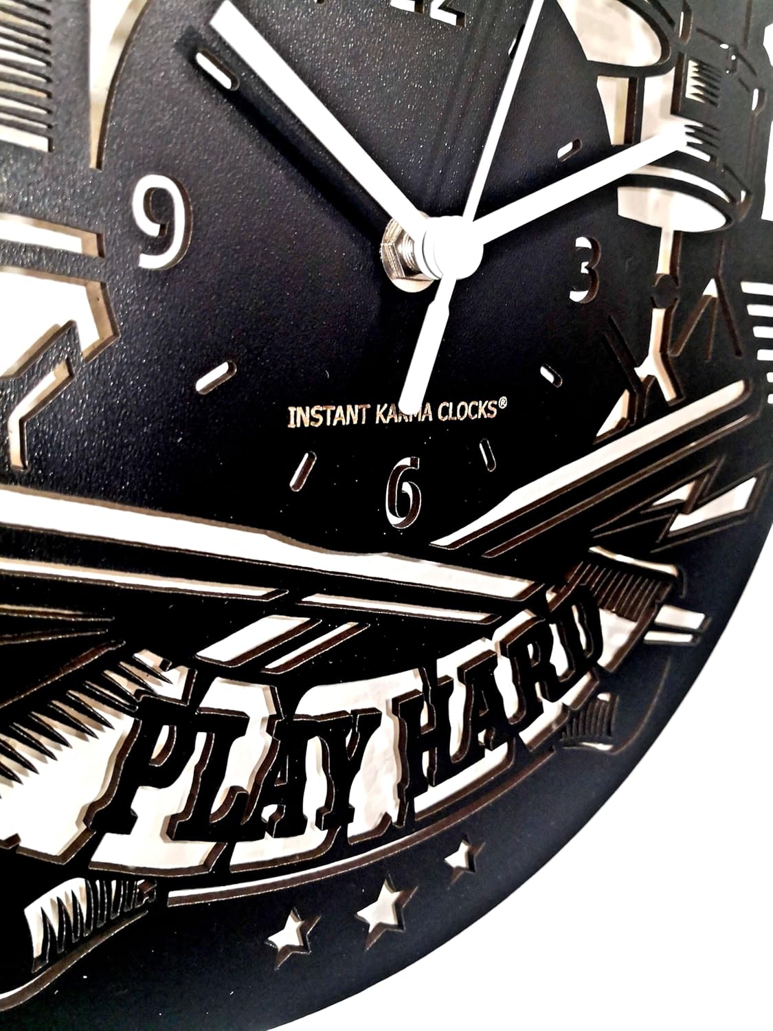 | Wall Clock | Music | Guitar | Play Hard | Drummer | Rock Band | No Ticking, Hdf Wood, Black, ⌀12 inch