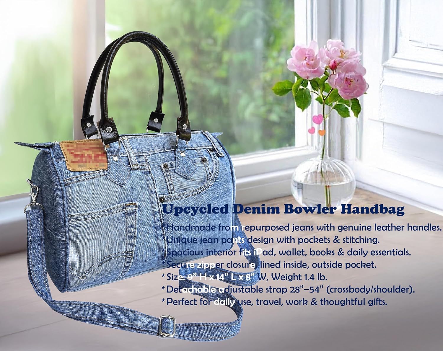 Upcycled Denim Bowler Handbag for Women, Top Handle Jean Purse with Genuine Leather, Crossbody Everyday Bag (BL-070)