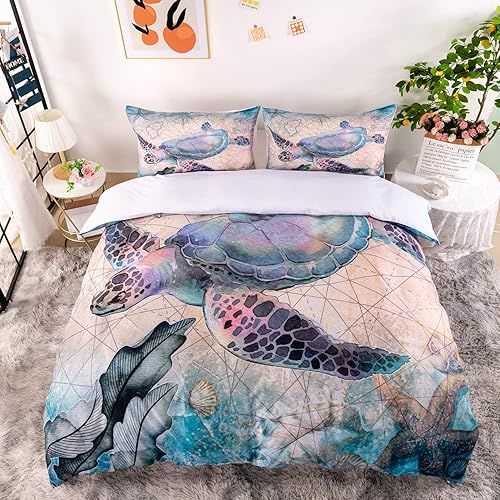 Miniatura 4 de CVHOUSE Funda de edredón de tortuga marina tamaño matrimonial, juego de ropa de cama para niños y adolescentes, funda de edredón de playa, 1 2
