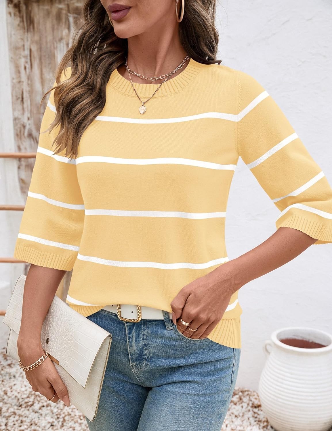 LOMON Womens Sweaters Casual Fall 2025 Crew Neck Striped 3/4 Sleeve Lightweight Knit Trendy Pullover Sweater Tops S-XL - Image 2