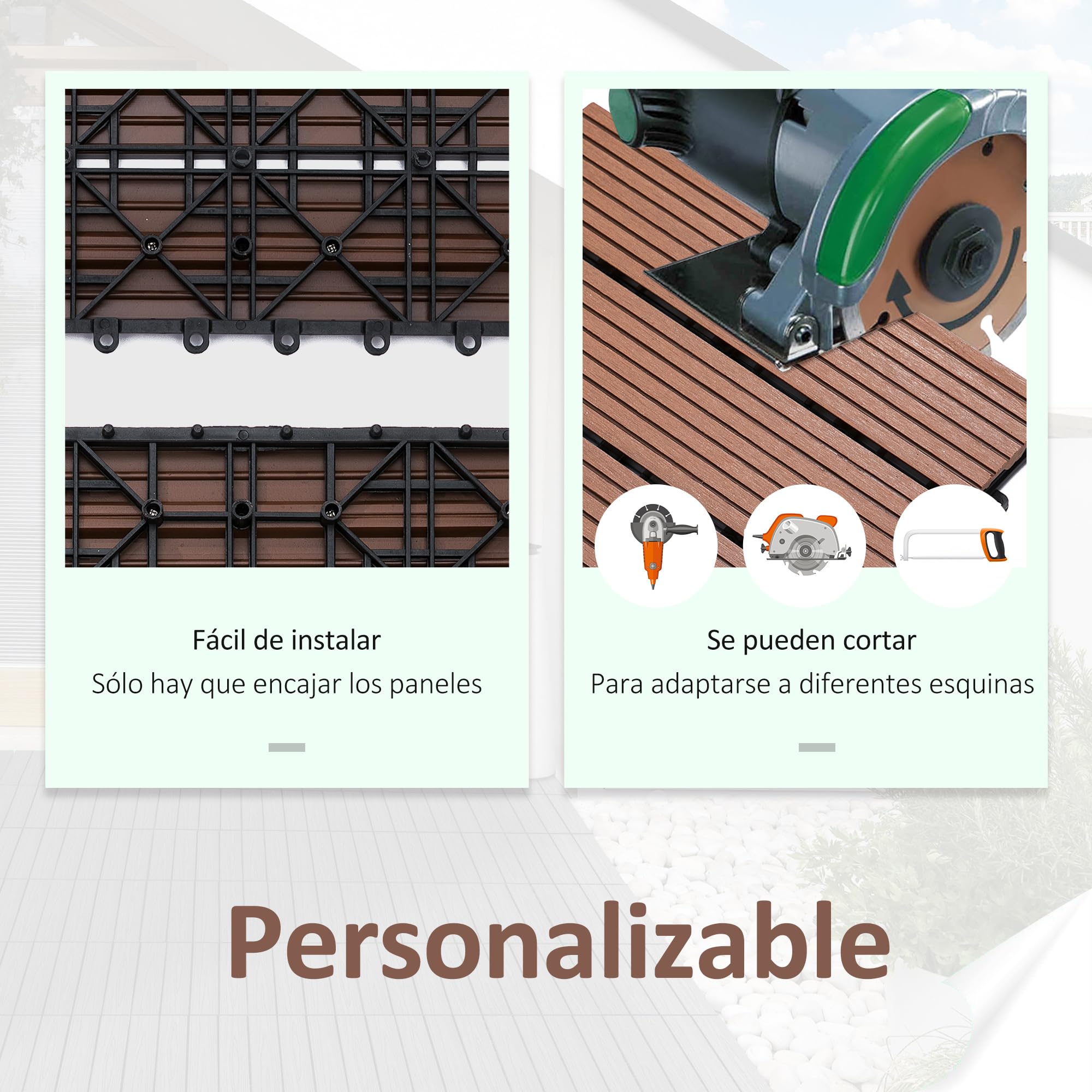 Outsunny Set de 11 Piezas Baldosas de Exterior 30x30 cm 1 m² Suelo de Jardín Exterior Antideslizantes y Resistentes al Clima de Fácil Instalación para Jardín Terraza Balcón Marrón