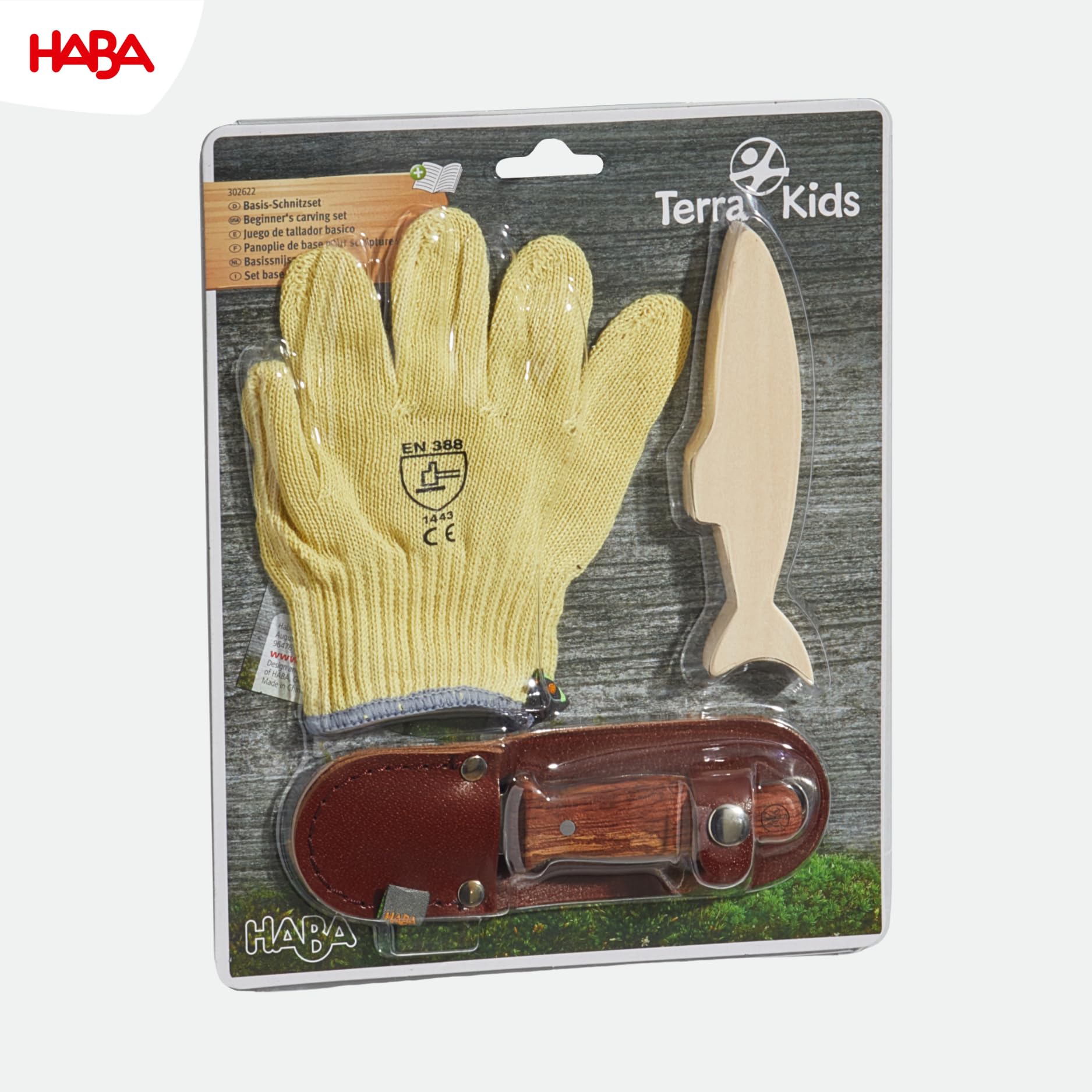 HABA Terra Kids Schnitzmesser – Taschenmesser-Set für Kinder ab 6 Jahren – inkl. Handschuhen, Schnitzrohling & Messer-Etui – 1302622001