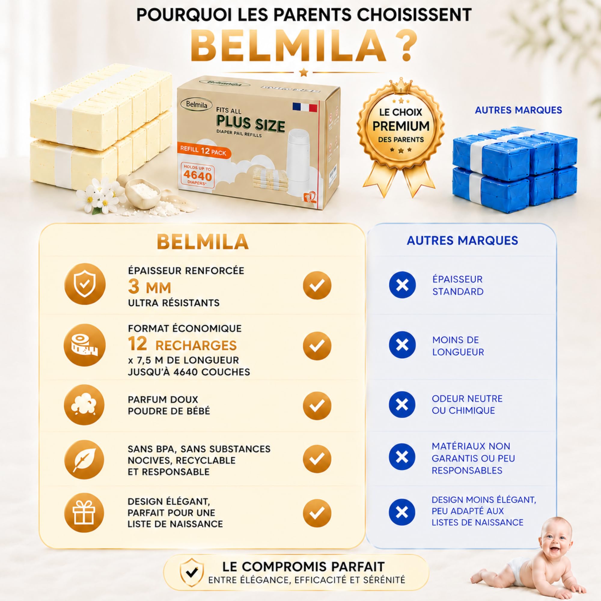 Recharges Poubelle à Couches XXL 12x7,5m Compatibles AngelCare Tommee Tippee Anti-Odeur Sans BPA Antibactérien Étanches