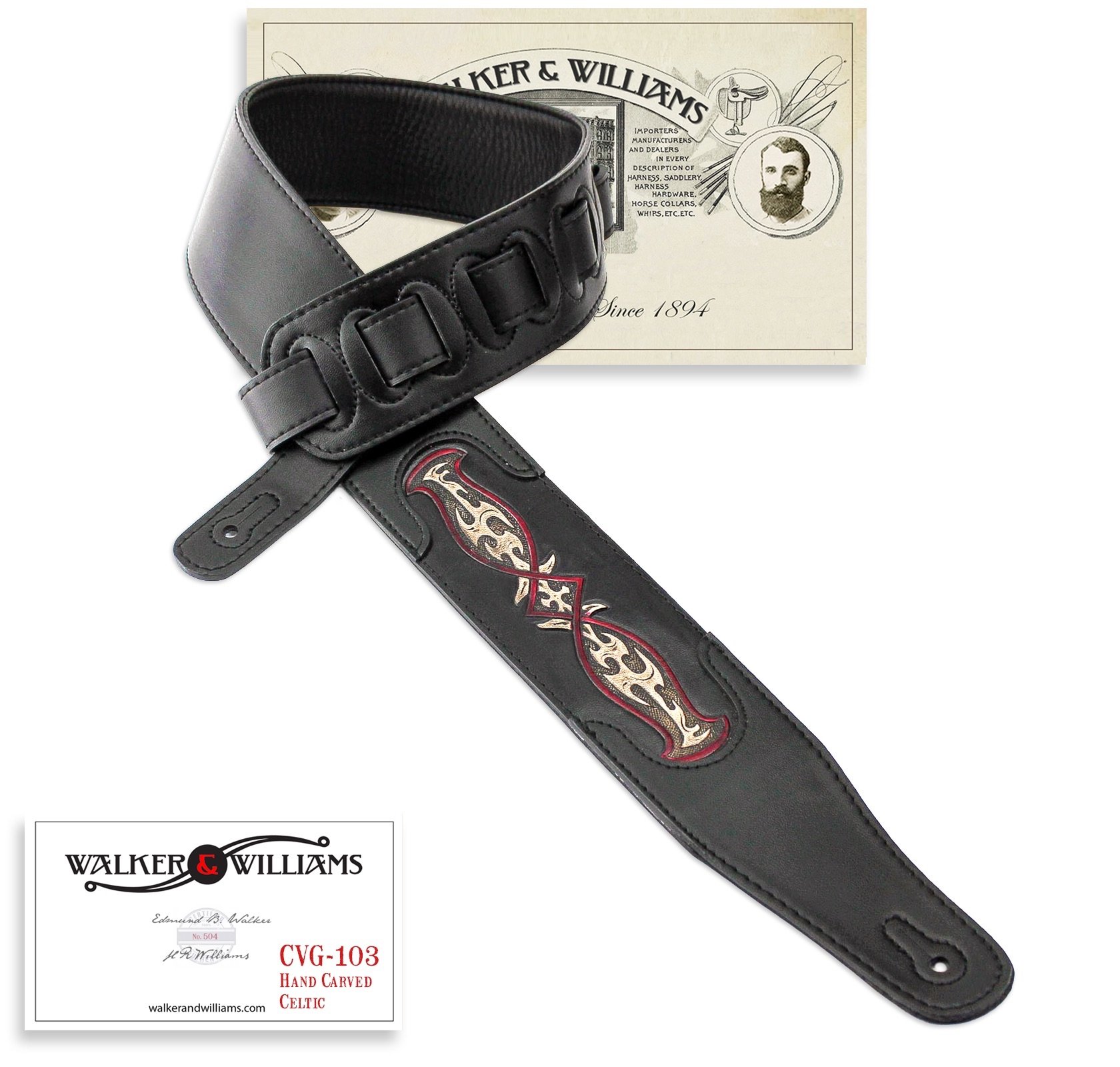 Walker & Williams cvg-103 negro correa para guitarra acolchada mano talladas diseño celta