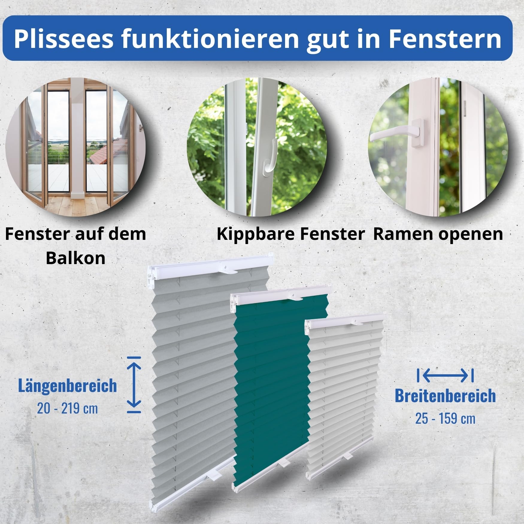 Plissee nach Maß, ohne/mit Bohren, Breite 120-160 cm, Höhe 120-219 cm | 6 Stofftypen, 31 Farben, 12 Profilfarben, Sichtschutz, Thermo, Verdunkelung, Wabenplissee, für Fenster und Tür