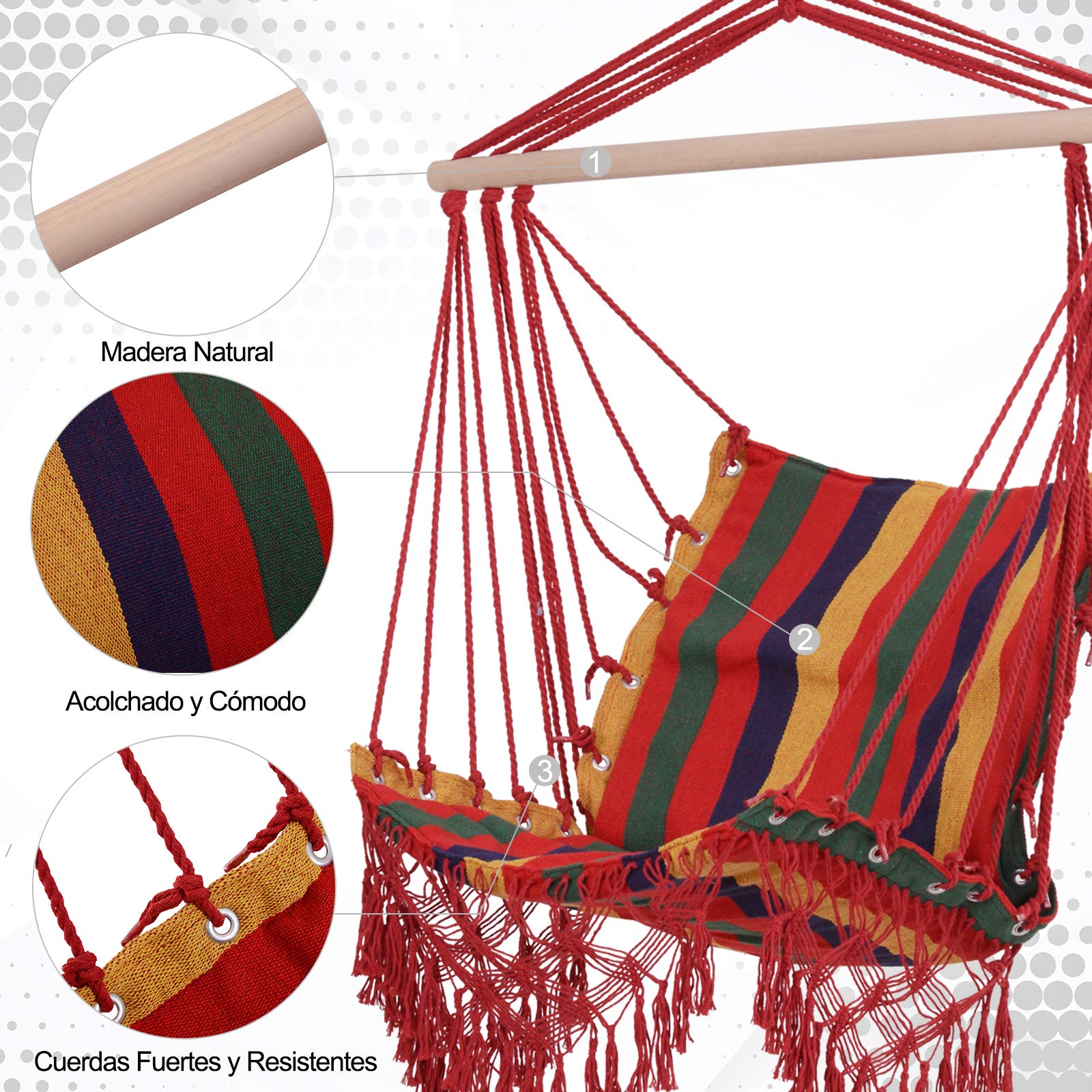 Outsunny Silla Hamaca Colgante Tejido de Algodón Poliéster Carga 100 kg Sillón Colgante para Interior Exterior Terraza 100x60x100 cm Multicolor