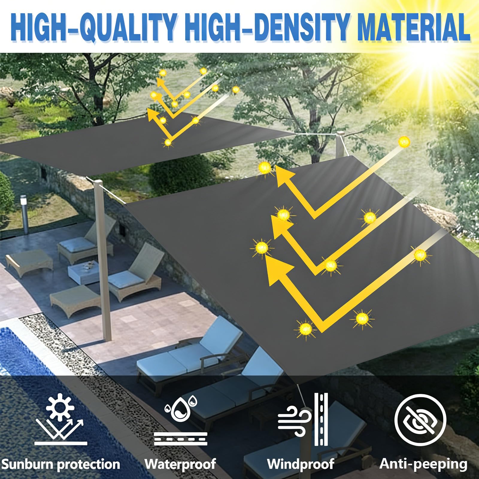 Vela Ombreggiante Impermeabile 5X5M Rettangolare Tenda da Sole per Esterno Telo Parasole con Fune e Occhiellato Protezione UV Tenda a Vela per Giardino Balcone Terrazz - Grigio scuro