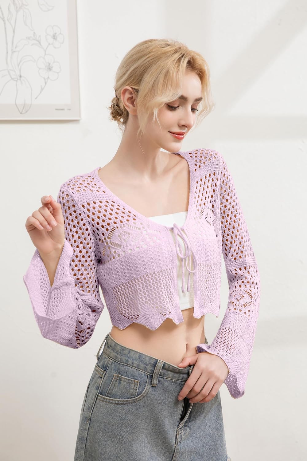 Women's Lightweight Summer V-Neck Tie Front Cropped Cardigan Bell Long Sleeve Crochet Knit Open Front Top - Image 2