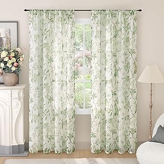 Sage Green Curtains for Bedroom Sheer, Spring Leaf Vines Patterned Farmhouse Light Filtering Semi Sheer Linen Curtains for Living Room 72 Inch Length 2 Panels Rod Pocket, Each 52 Inch Wide - Buy now