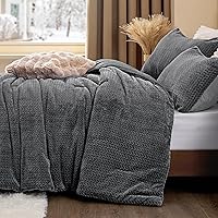 ChiXpace Queen Flannel Fleece Comforter Set - Grey Leaves Faux Fur Reversible Velvet Bedding, Ultra Soft Winter Warmth with 2 Pillowcases