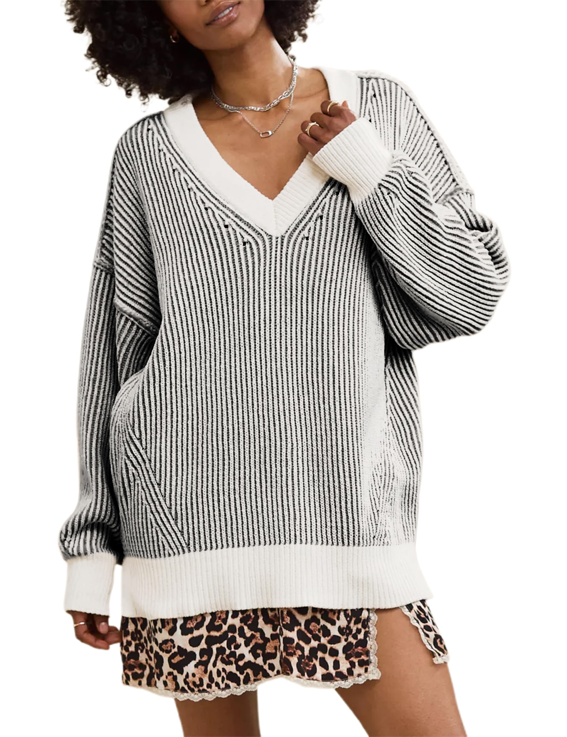 Beyond Chenille V Neck Sweater for Women 2025 Winter Long Sleeve Colorblock Striped Pullover Casual Trendy Knit Tops