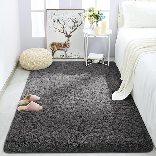 Merelax Soft Modern Indoor Shaggy Area Rug for Bedroom Livingroom Dorm Kids Room Home Decorative, Non-Slip Plush Fluffy Furry Fur Rugs Comfy Nursery Accent Floor Carpet 3x5 Feet,Dark Grey