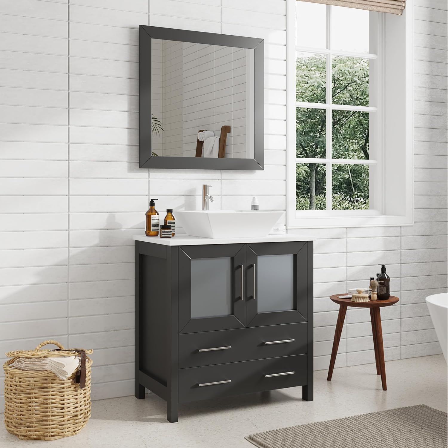 Vanity Art 30 inches Vessel Single Sink Bathroom Vanity Cabinet,Modern with 1 Wall Mirror,Engineered Marble Top with 5 Dovetail Drawers & Soft Closing Doors, Black
