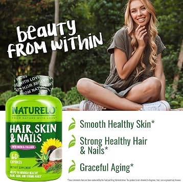 NATURELO Hair, Skin and Nails Vitamins - Biotin, Collagen - 60 Capsules
