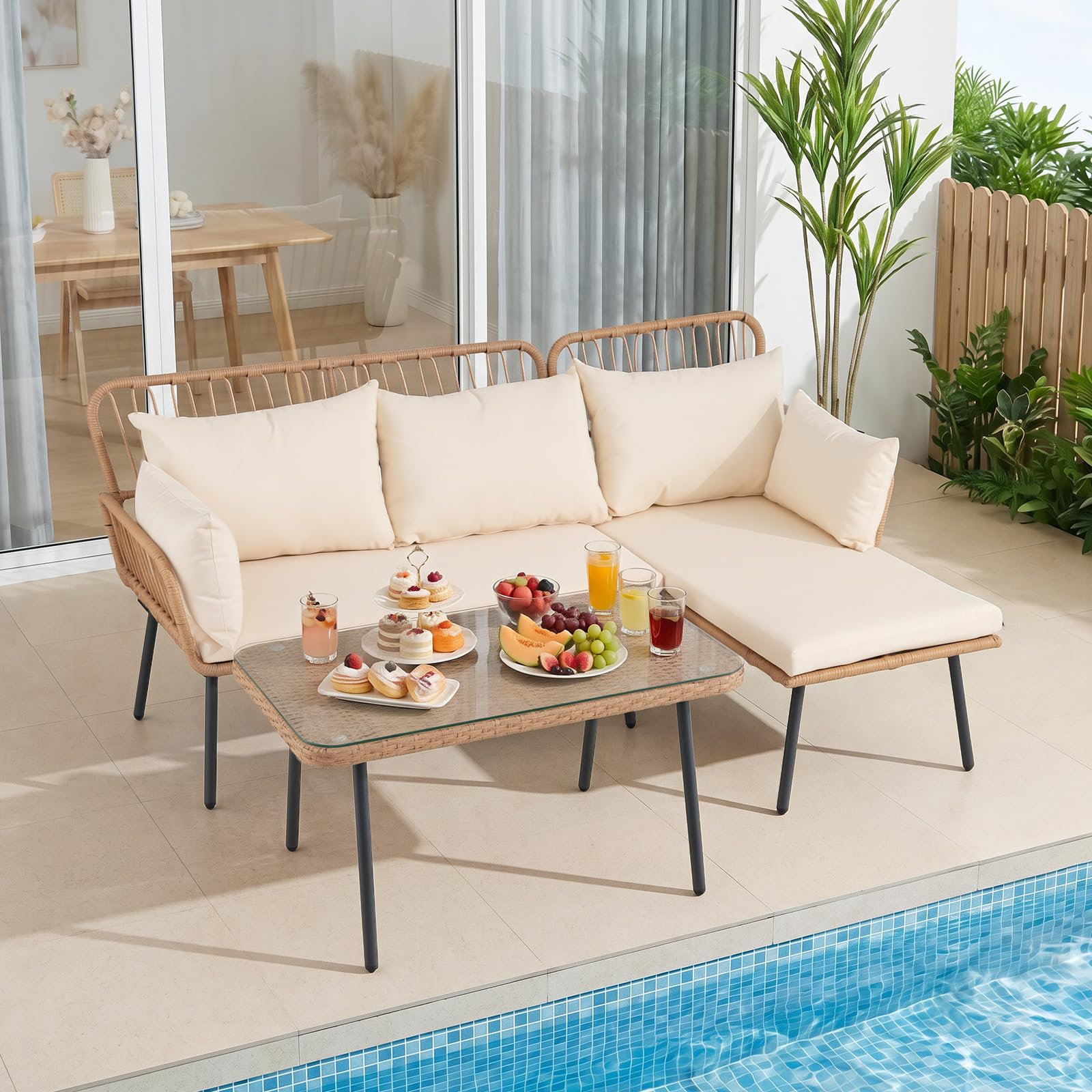 COSTWAY Lounge Möbel Outdoor, Polyrattan Gartenlounge mit Tisch und Kissen, Gartenmöbel Set, Balkonmöbel, Terrassenmöbel, Sitzgarnitur, 3-teilige Sitzgruppe für Garten, Balkon, Terrasse