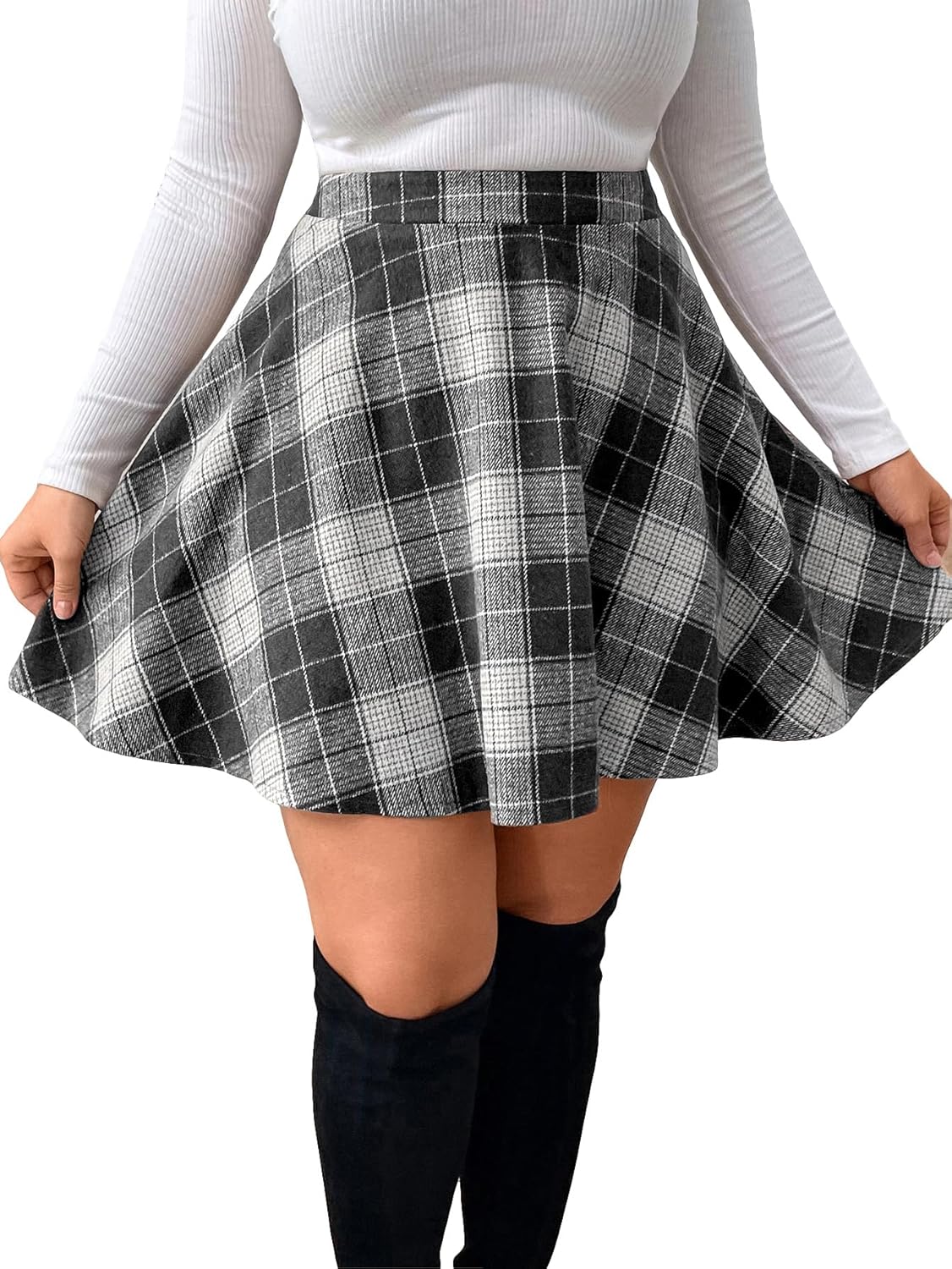 MakeMeChic Women's Plus Size Plaid Mini Skirt High Waisted Aline Flare Pleated Skirt