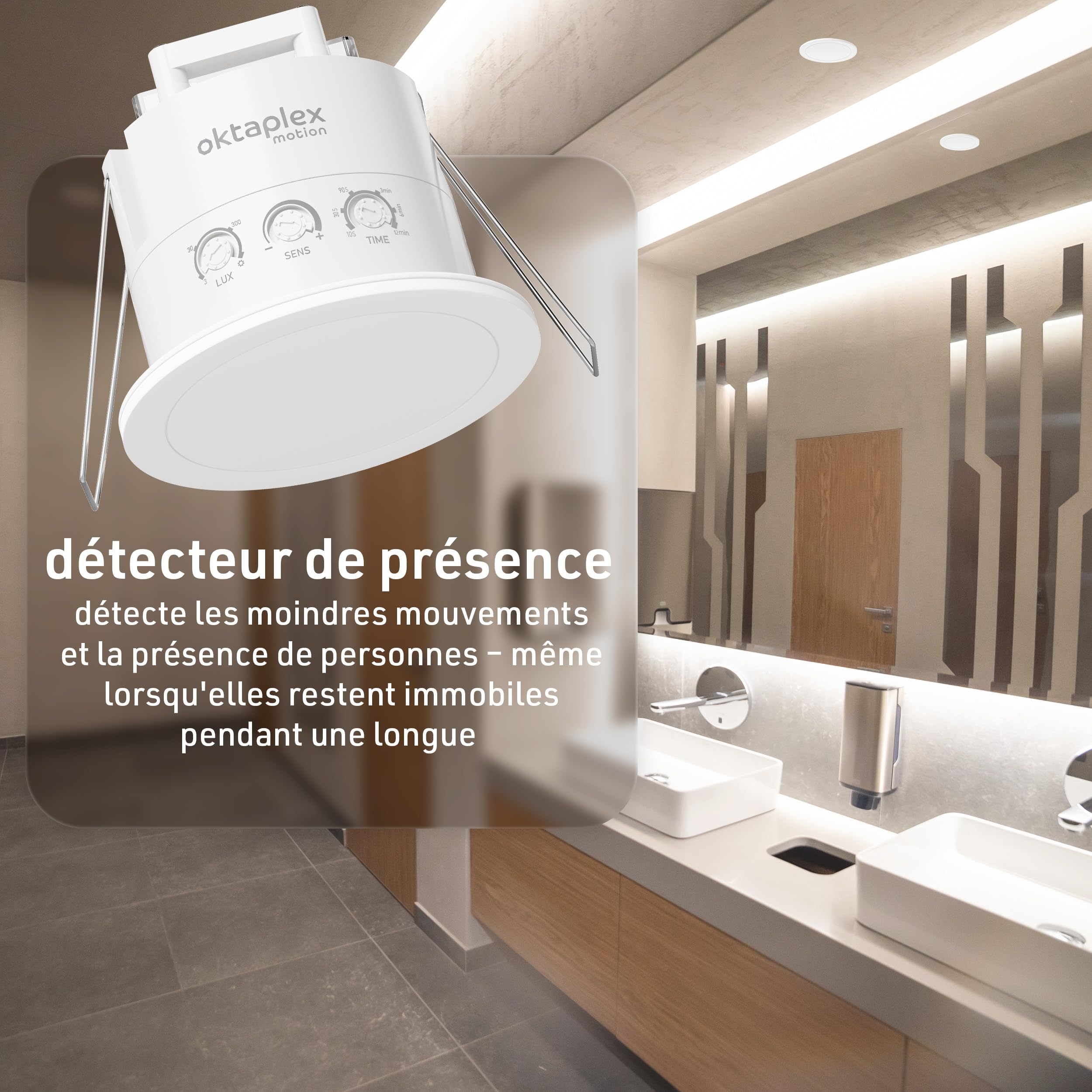 Oktaplex Noa Détecteur de présence pour montage au plafond 360 degrés 24GHz IP65 Radar détecteur de mouvement 6m capteur de présence adapté pour salle de bain encastré plat blanc 230V